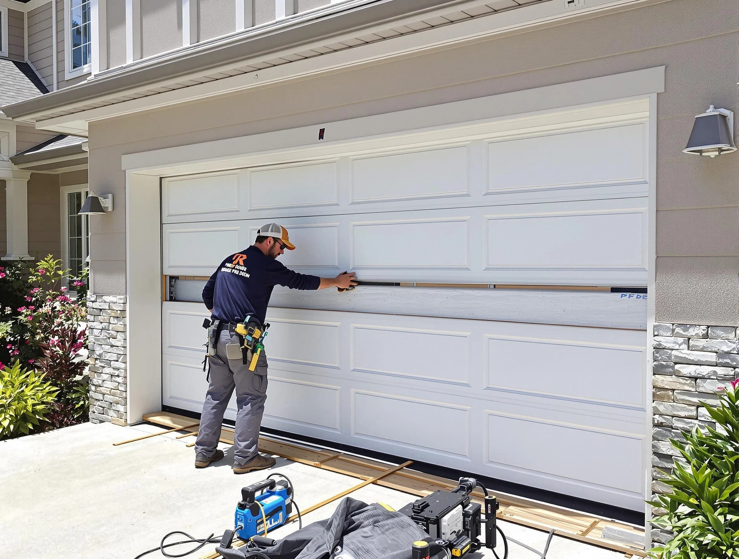 Framingham Garage Door Repair team performing complete garage door replacement at Framingham residence