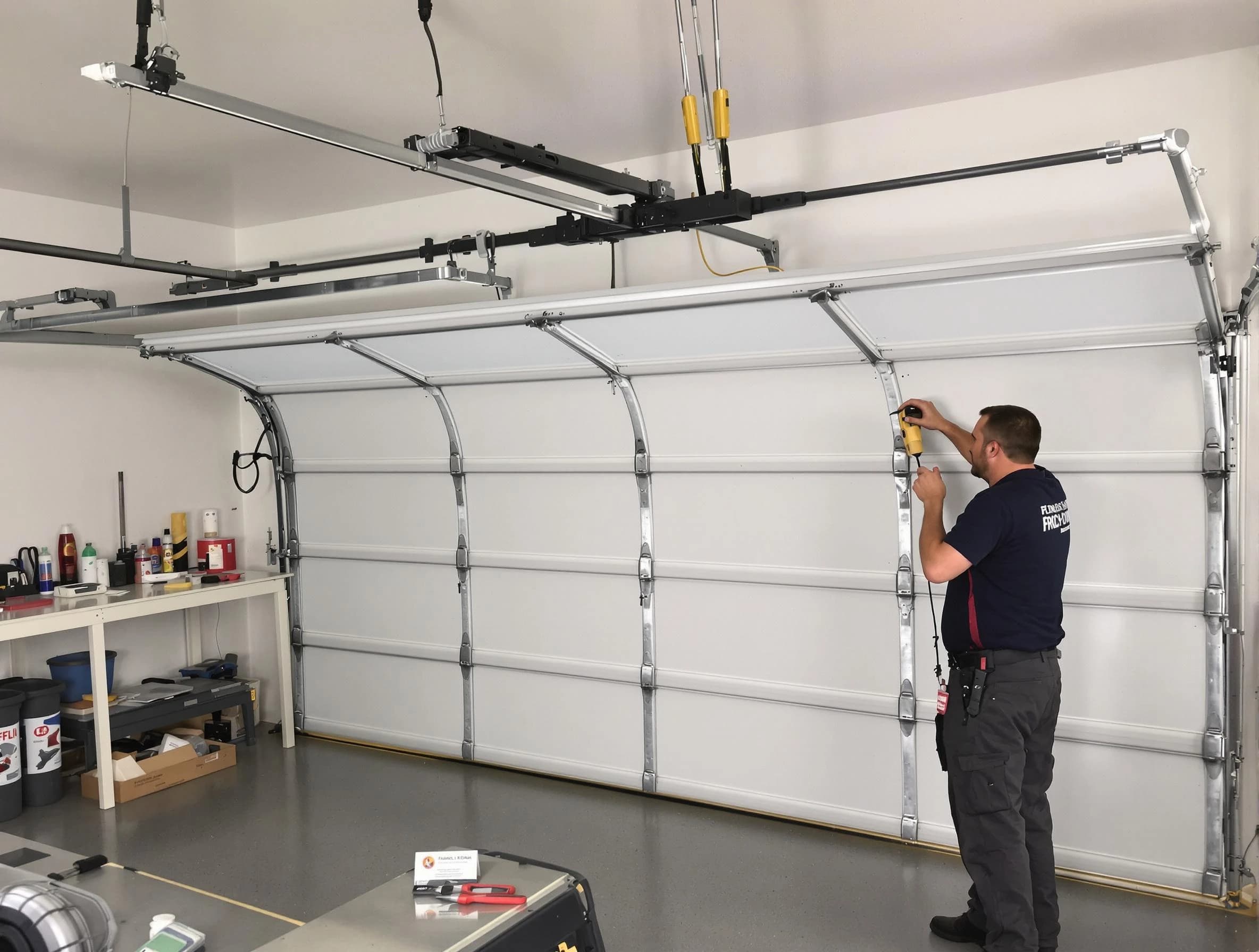 Framingham Garage Door Repair certified technician performing overhead door system repair in Framingham