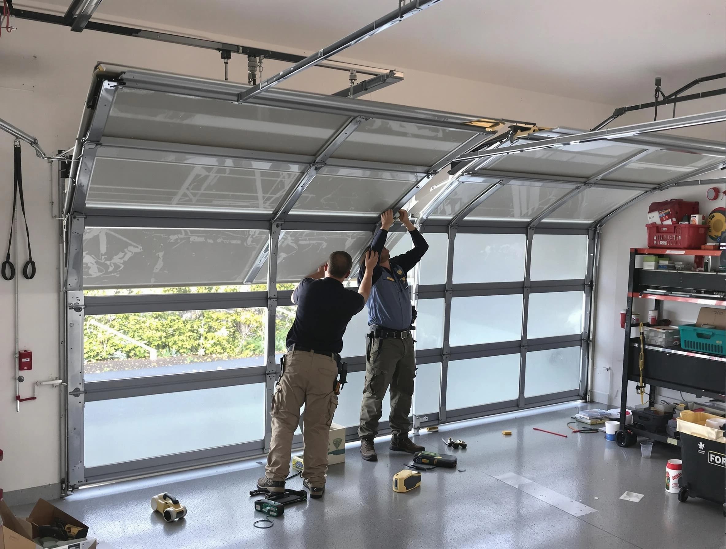Framingham Garage Door Repair expert performing precise panel replacement on Framingham garage door