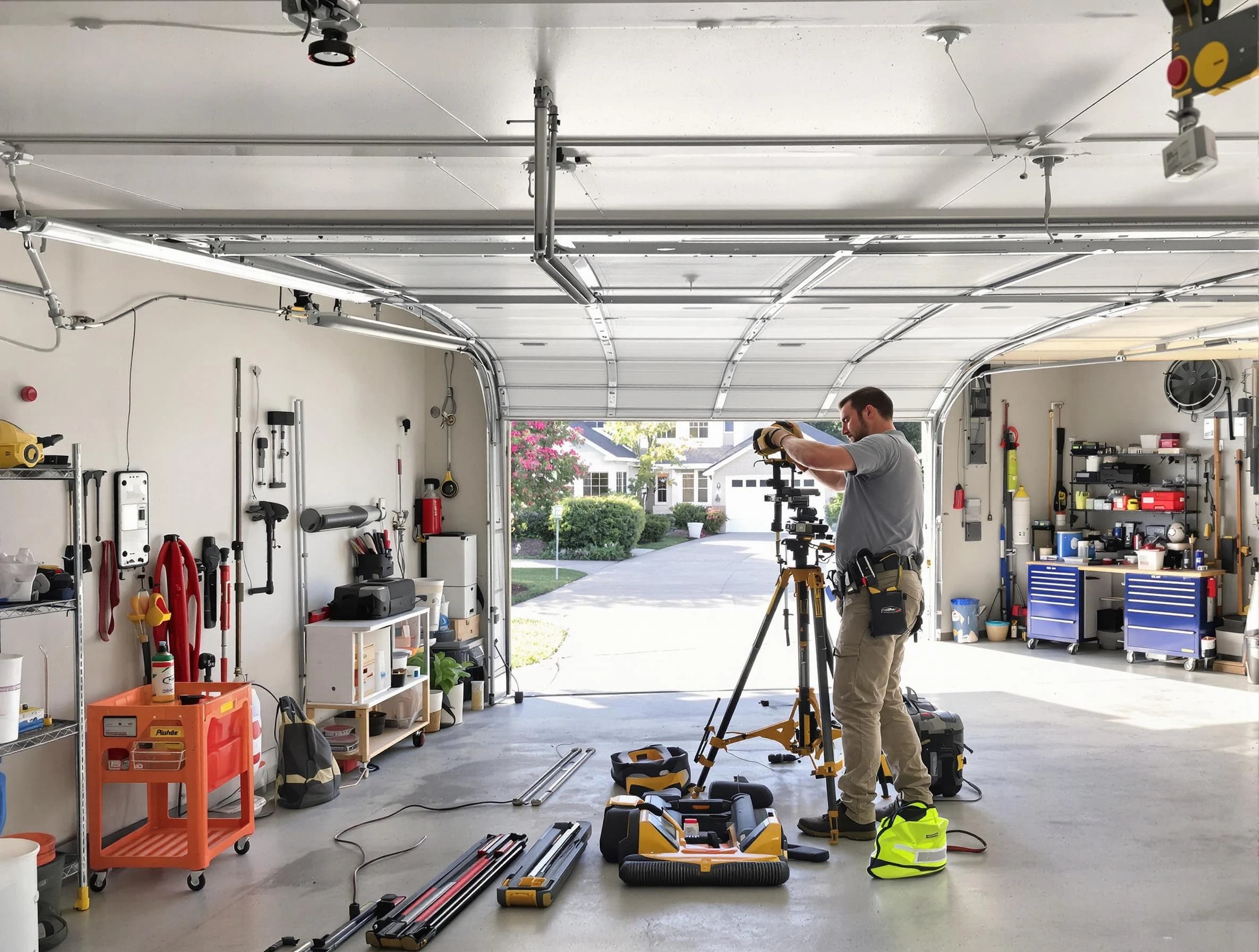 Framingham Garage Door Repair specialist performing laser-guided track alignment in Framingham