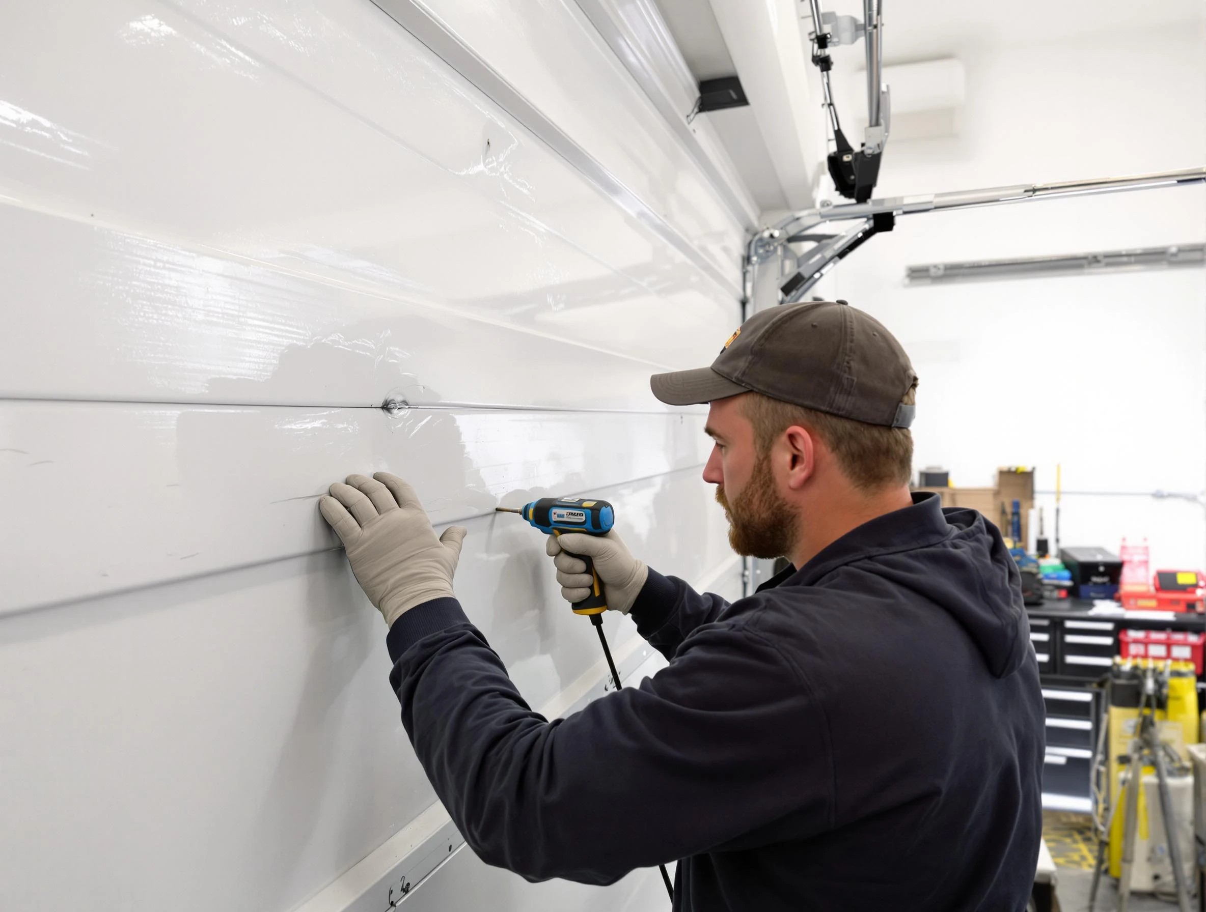Framingham Garage Door Repair technician demonstrating precision dent removal techniques on a Framingham garage door