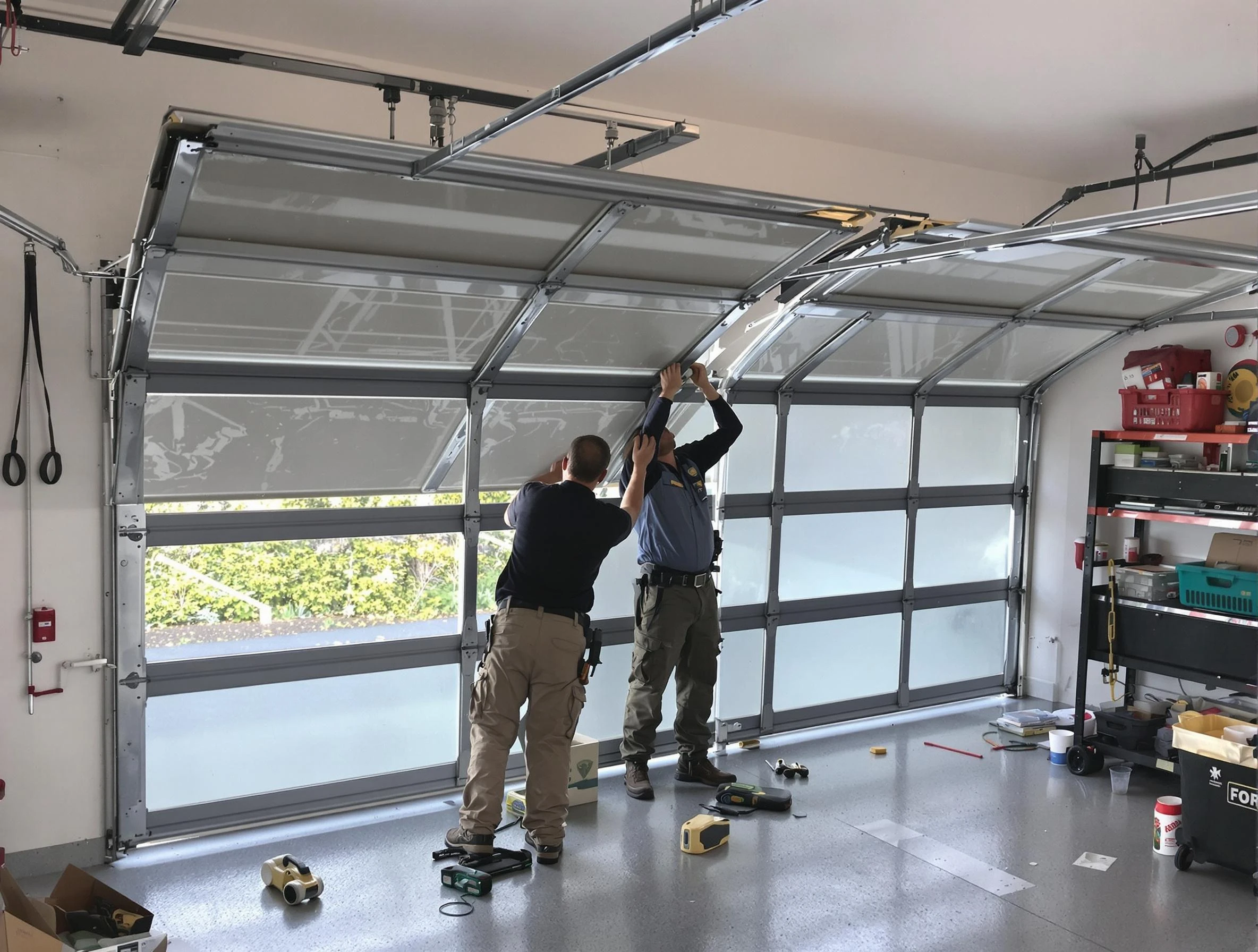 Framingham Garage Door Repair expert performing precise panel replacement on Framingham garage door